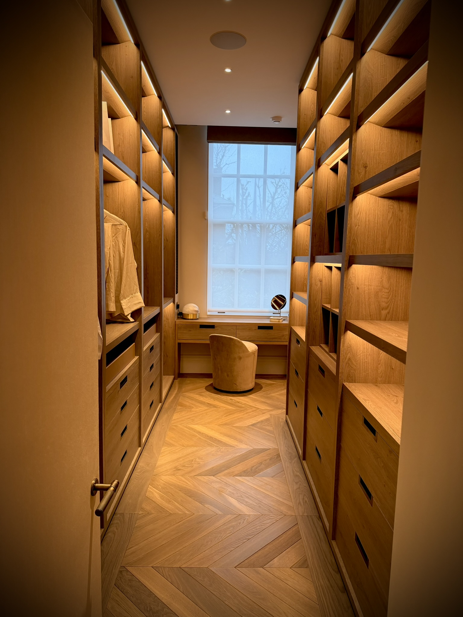 Bespoke walk-in wardrobe joinery and timber flooring